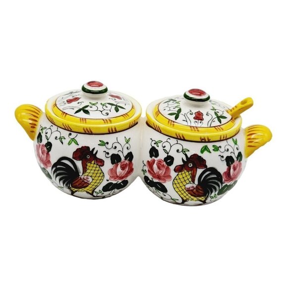 Py Early Provincial Rooster and Roses Double Condiment Jars Spoon Ucago Folk Art - Picture 1 of 9